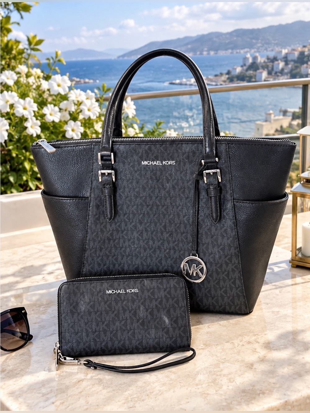 Michael Kors Black Signature MK Tote with Matching Wristlet